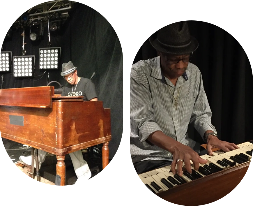 Two pictures of a man playing piano and keyboard.